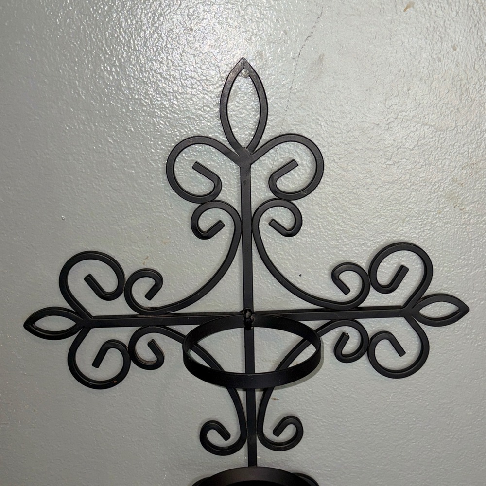 Black Wrought Iron Fleur De Lis Cross Wall Sconce Pillar Candle Holder 19in - Picture 3 of 16